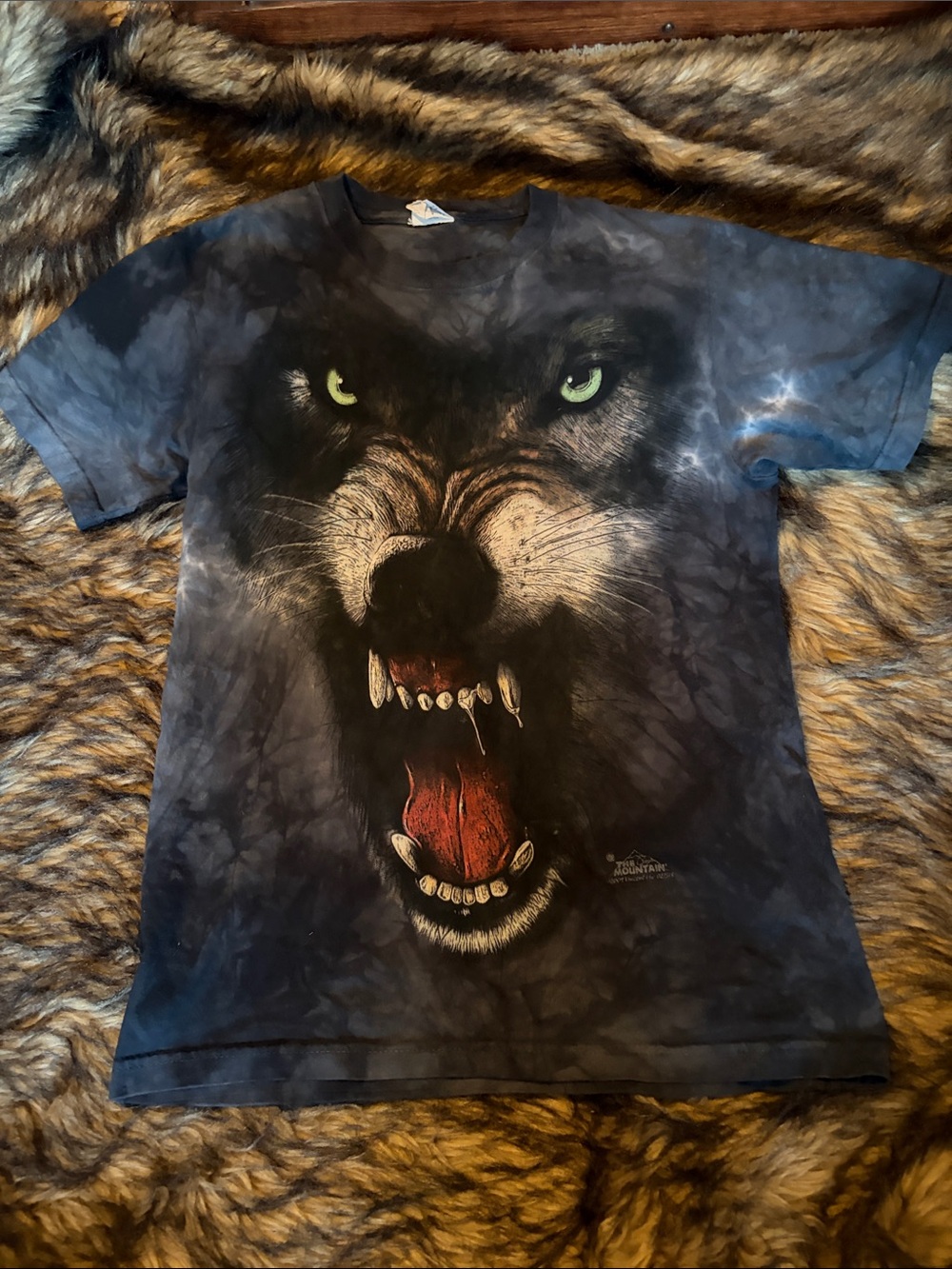The Mountain Black & Gray Tie-Dye Wolf Face Tee Rare printed on both sides kid L